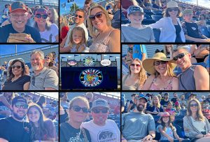 collage of employees with their families at an aquasox game